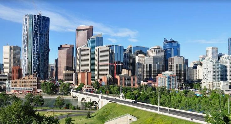 Calgary downtown skyline and roadway in daylight